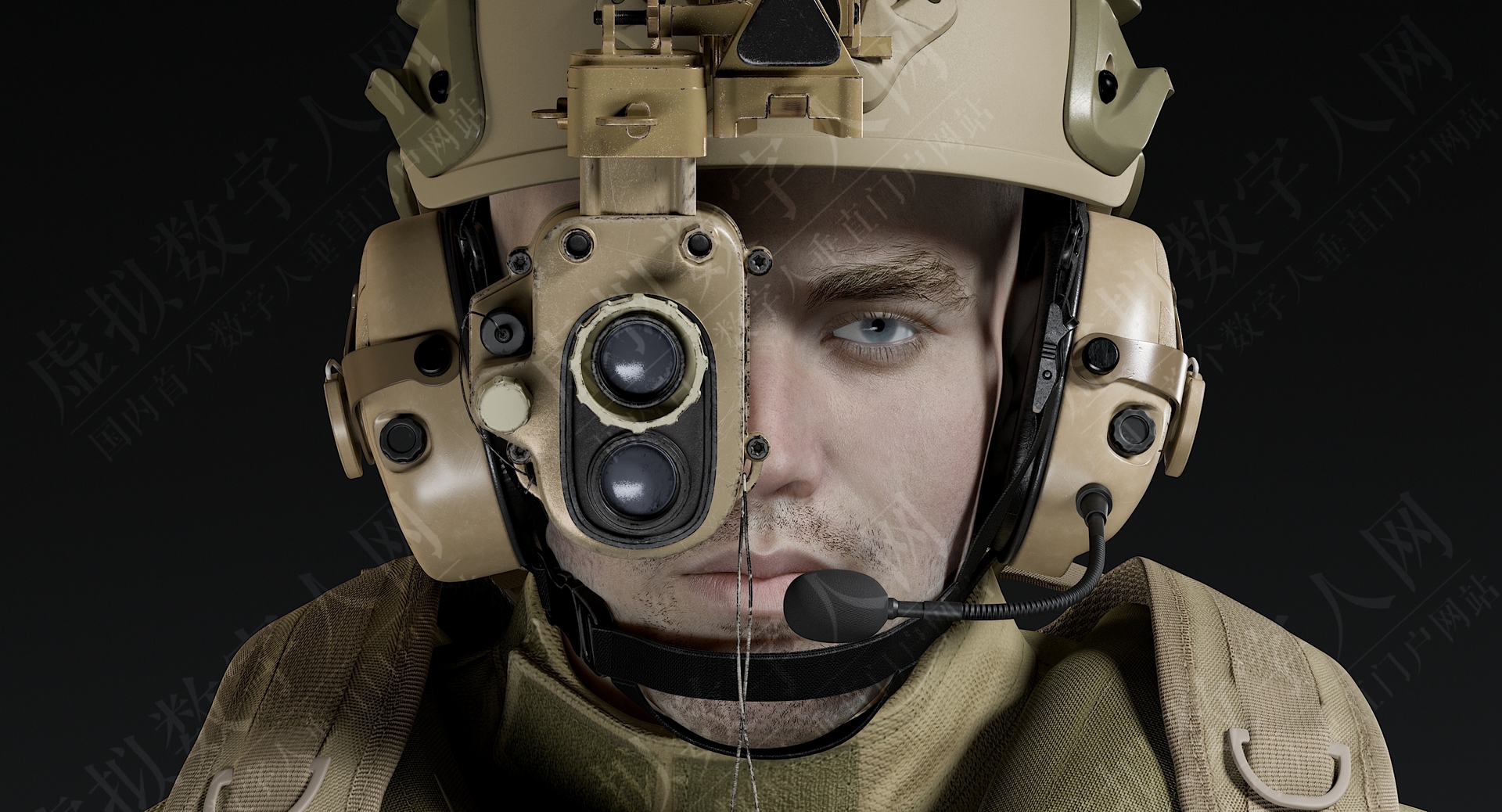 3D虚拟数字人士兵统一沙漠，带设备模型