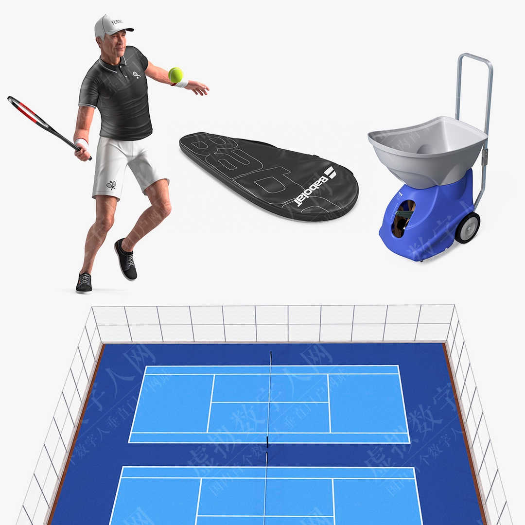 老人运动服装与网球设备模型集合