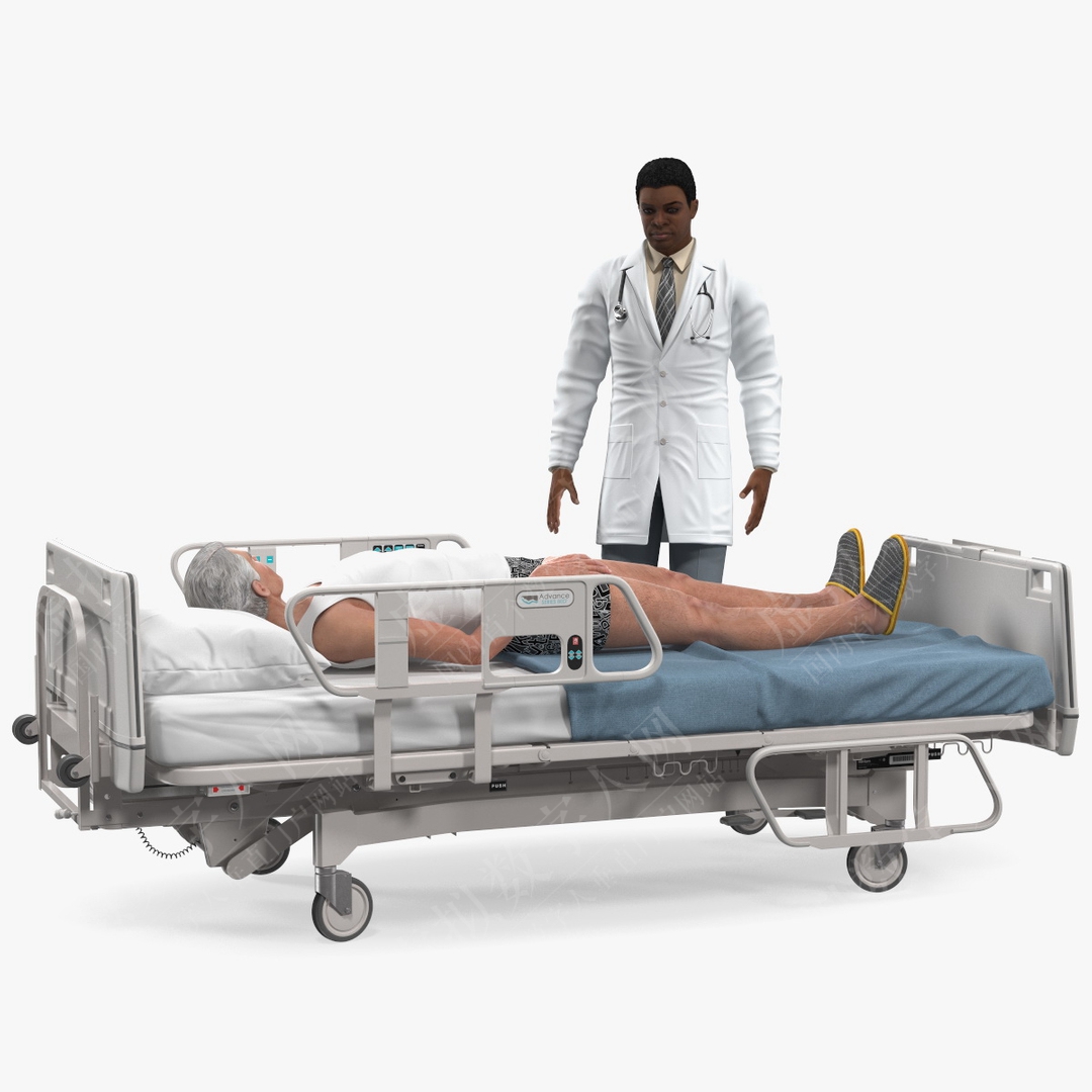 病床上的病人和医生的Rigged三维模型