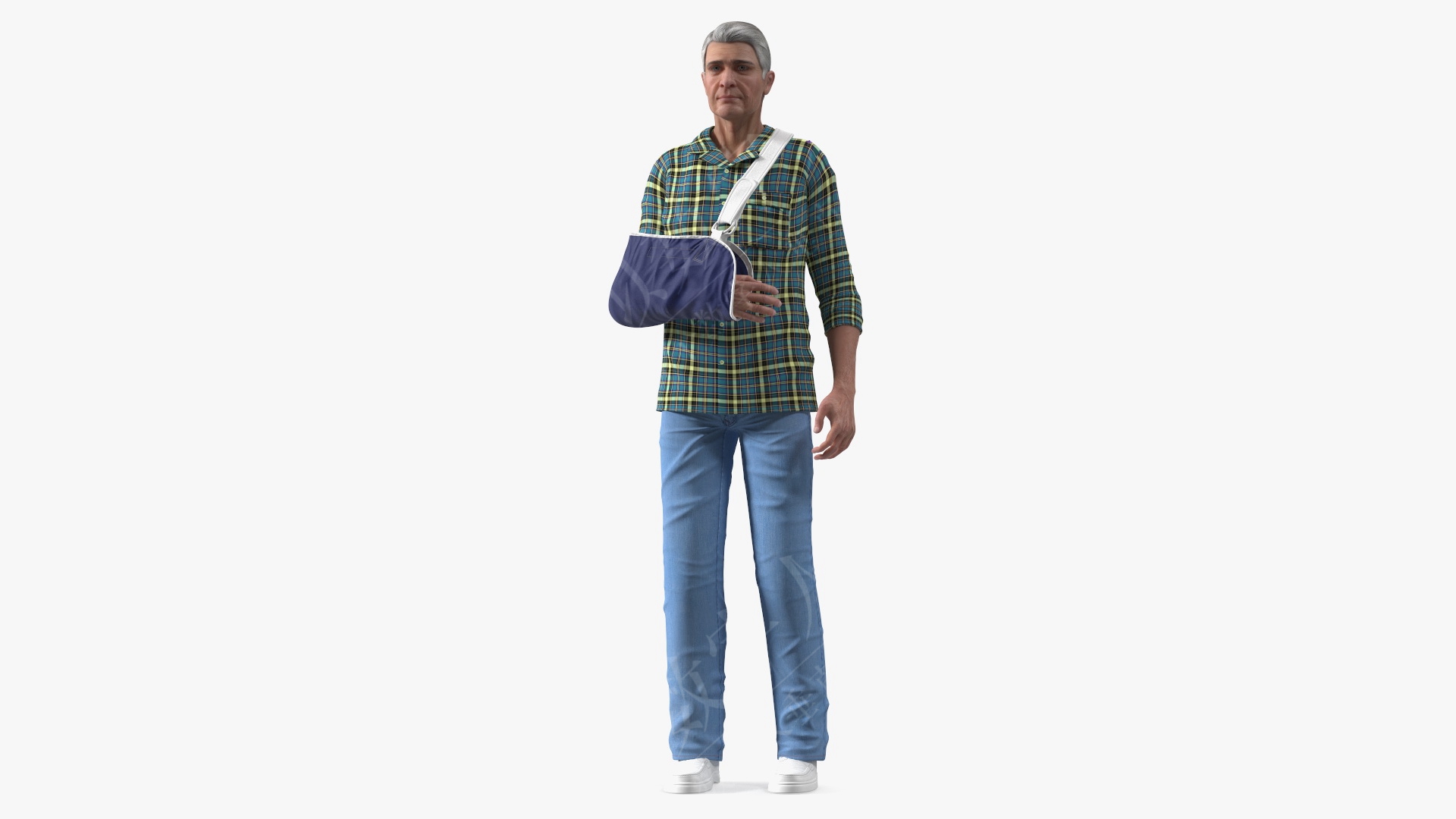 3D虚拟人老人手臂吊带绷带手蓝色Rigged