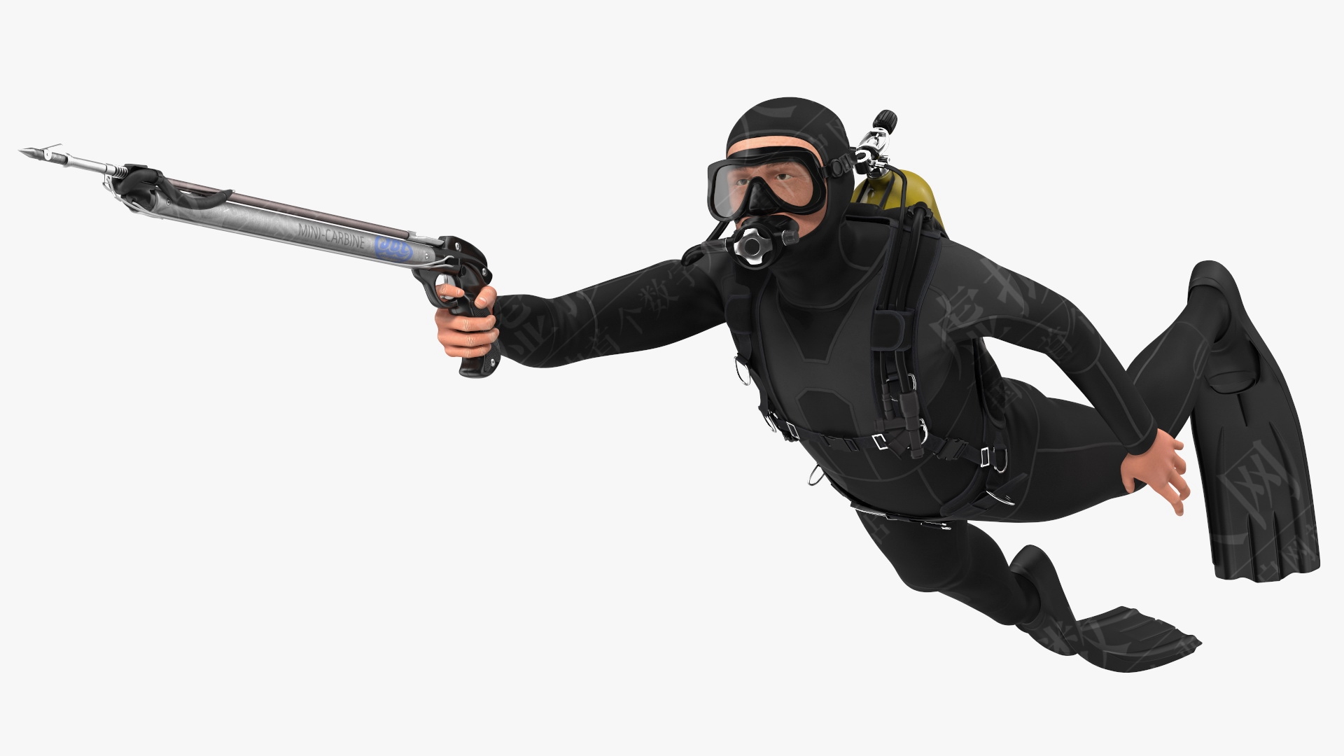 带有水下长矛枪Rigged 3D数字人模型的潜水员