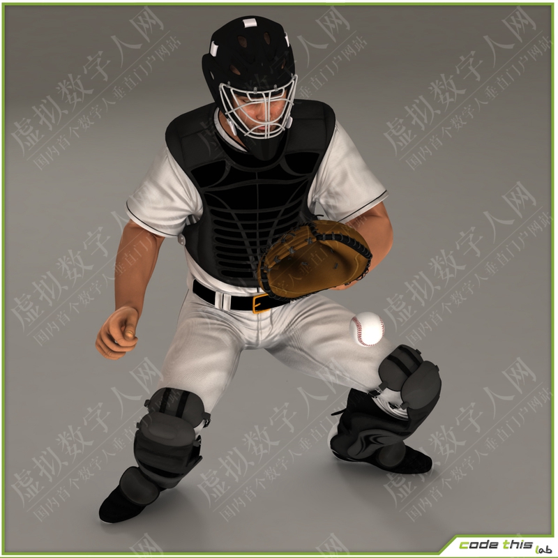 三名棒球运动员白色接球手，黑色击球手和白色投手3D数字人模型
