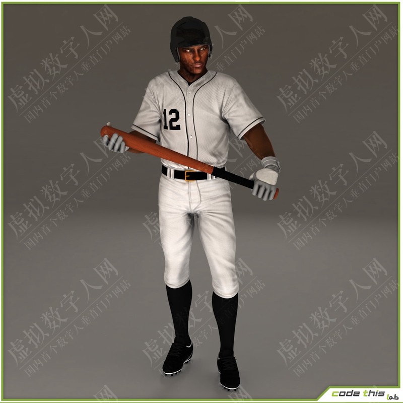 三名棒球运动员白色接球手，黑色击球手和白色投手3D数字人模型