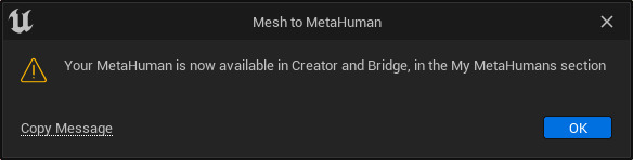 指示"Mesh to MetaHuman过程已完成"的确认消息
