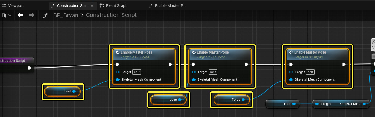 Select the three Enable Master Pose nodes, as well as their Skeletal Mesh Components